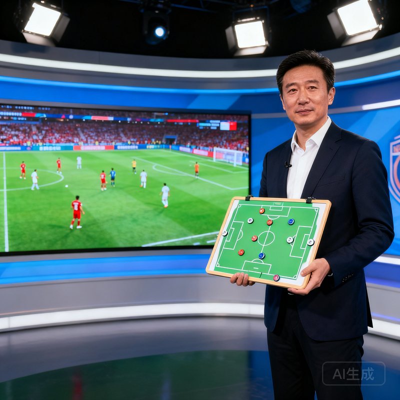 战术分析师李明手持磁力战术板，在演播室中为观众解析球队阵型变化，身后大屏幕显示比赛回放画面。